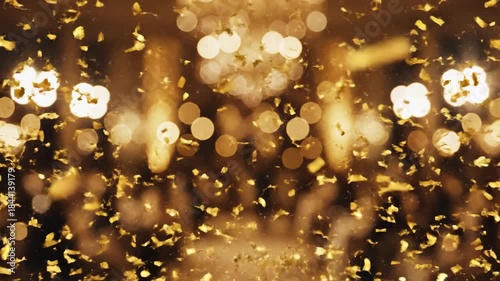 Glittering gold confetti falling against a blurred bokeh background