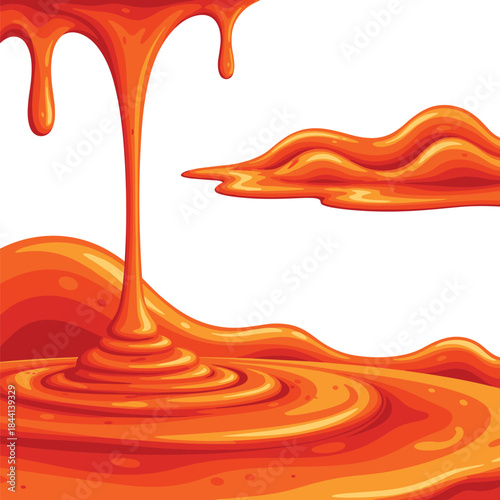 Viscous, molten orange-red liquid dripping and flowing across a white background, forming artistic ripples and layered patterns.