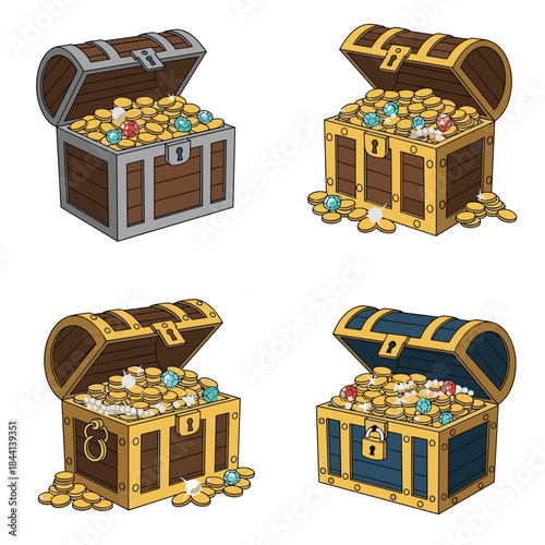 Four cartoon treasure chests overflow with glittering gold coins and colorful precious gems, symbolizing wealth and adventure.