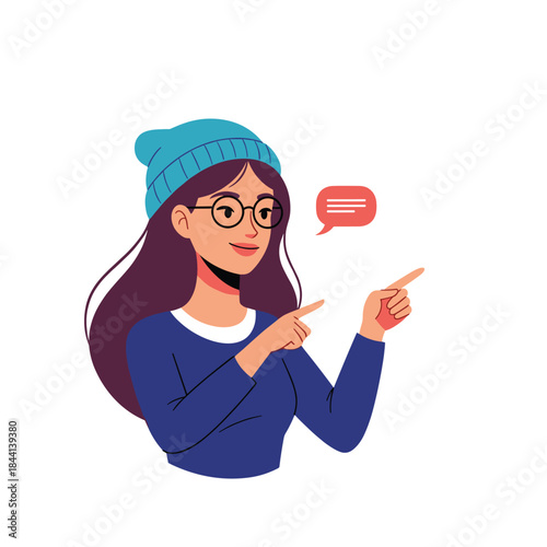 A friendly illustrated woman with a blue beanie and glasses smiles and points, featuring a prominent red speech bubble for interaction.