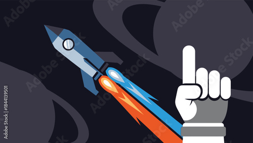 Hand launching a cartoon rocket ship into space with a dark blue background