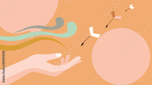 Hand releasing colorful abstract shapes and arrows on orange background