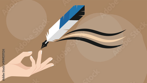Hand holding a feather quill pen with flowing ribbons on a brown background