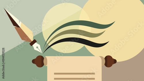 A quill pen writing on a parchment with green and black ink flowing