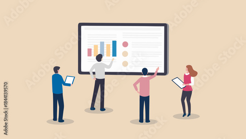 People presenting data on a large screen with bar graphs and circular indicators in a meeting setting room