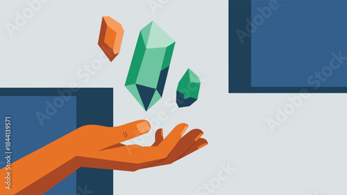 Hand holding colorful 3d pencil shapes on blue and