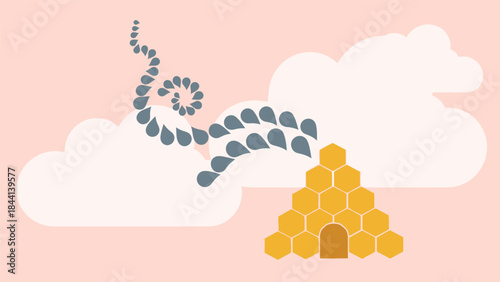 A whimsical beehive with bees flying into it surrounded by clouds on a soft pink background