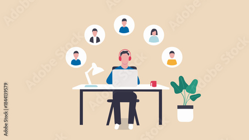 Illustration of a person working from home with team members in virtual meeting circles around them