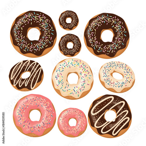 A delightful assortment of colorful and chocolate donuts with various sprinkles and drizzles, presented on a white background.