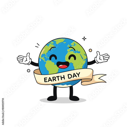 A cheerful cartoon Earth character with a smiling face and outstretched arms, holding a banner celebrating Earth Day.