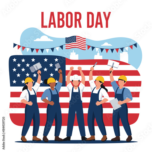 Diverse workers from various professions celebrate Labor Day with enthusiasm and unity, standing proudly in front of a large American flag backdrop.
