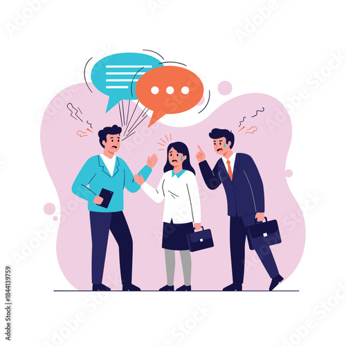 Three business people, two angry men and a distressed woman, engaged in a heated workplace argument with speech bubbles and signs of stress.