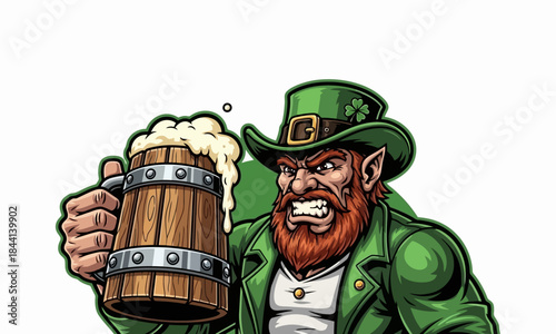 An angry leprechaun in a green hat and jacket, holding a frothy mug of beer.