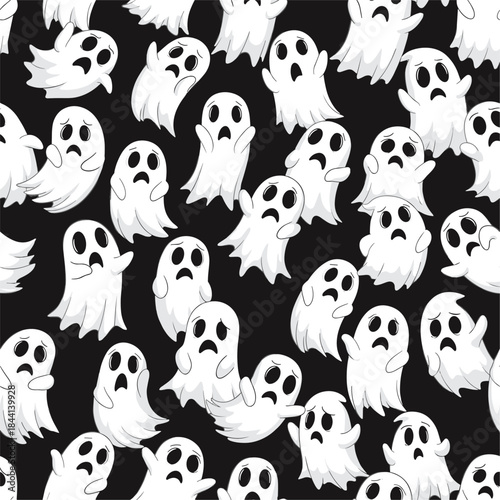 A seamless pattern of sad and scared white ghosts floating on a black background, perfect for Halloween and spooky designs.
