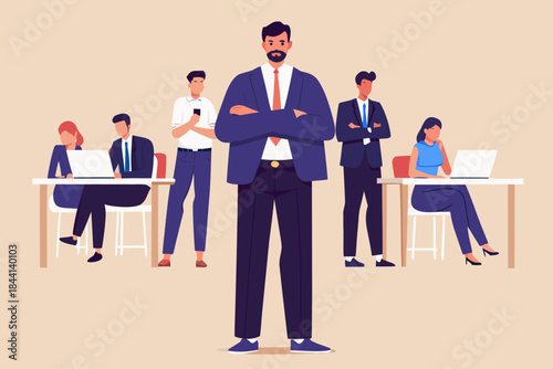 Confident business leader standing before a diverse team in a modern office setting