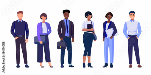 Diverse group of professionals standing together in a modern illustration style