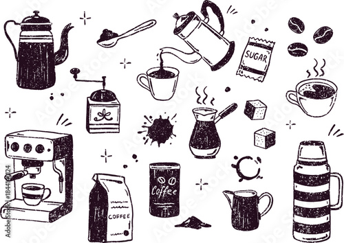 Hand drawn retro coffee vector set with textured ink doodle illustrations of coffee makers, mugs, grinders, beans and sugar. Isolated elements for cafe menus, branding and packaging