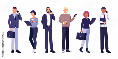 Diverse group of business professionals communicating and working on the go