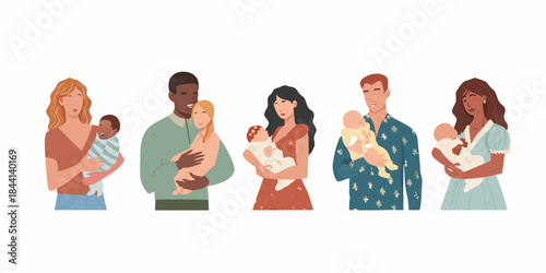 Diverse group of parents lovingly holding their newborn babies together