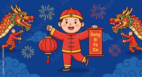 vector illustration template of Chinese people celebrating Chinese New Year peacefully