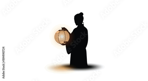 Silhouette of a person in traditional attire holding a glowing lantern at dusk.