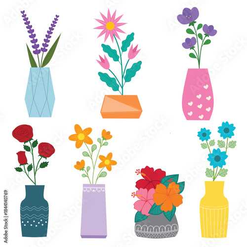 Flower bouquet in vase and pots with houseplants