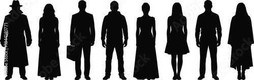 Diverse Group of Eight People Silhouettes, Full Body Black Vector Illustrations of Men and Women in Various Attire Including Formal Wear, Hoodies, and Long Coats, Community Figures.