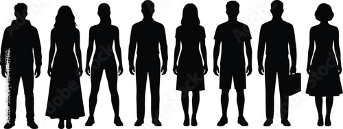 Diverse Group of People Silhouettes Standing Together, Full Body Black Vector Illustrations of Men and Women in Various Outfits, Community, Crowd, Team, and Human Figures.