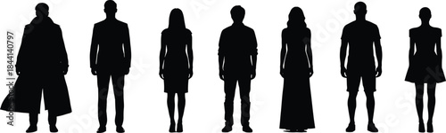 Group of Seven People Silhouettes Standing, Full Body Vector Illustrations of Men and Women in Diverse Fashion and Attire, Including Formal, Casual, and Trench Coat.
