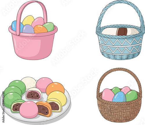 Cute basket and plate illustration set with colorful rice cakes, mochi sweets and assorted treats for bakery packaging and dessert design