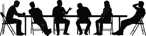 Meeting silhouette, group of people sitting at table, discussion panel, business team, black vector illustration isolated on white background.