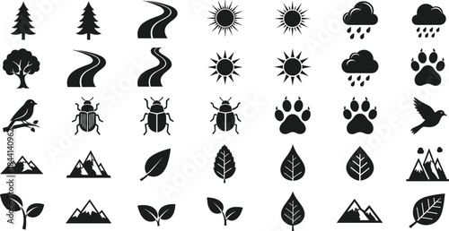 Nature silhouette icons set, forest mountains, sun, rain, trees, leaves and animals, outdoor camping vector illustration collection.