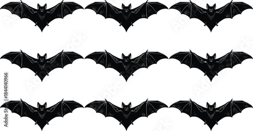 Nine Black Flying Bats Pattern Set, Detailed Engraving Style Vector Silhouettes Isolated on White Background for Halloween, Spooky, and Gothic Design Borders.