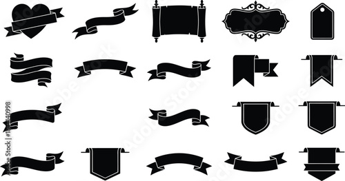 Romantic ribbon banner and scroll silhouette icon set. Heart shape label, vintage text frame, gift bow, and price tag symbols for wedding invitation vector collection design element art illustration.
