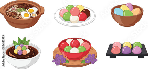 Asian dessert and food illustration set with colorful dango, sweet rice balls, ramen bowl and traditional snacks for menu and culinary design