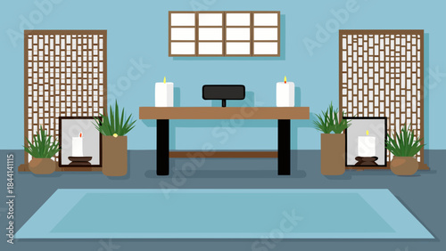 Interior scene featuring a wooden table with candles, plants, and decorative screens, creating a serene setting