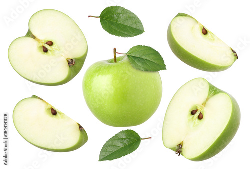 Bild auf Leinwand green apple with leaves (granny smith apple), half and slice isolated, transpare