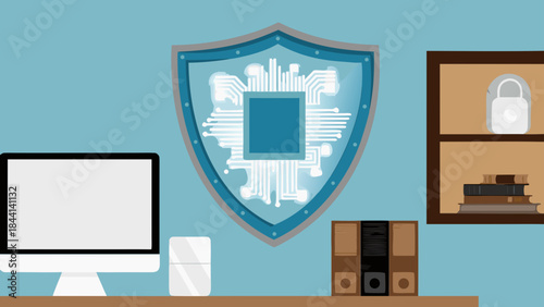 Illustration of a computer and shield with a chip design suggesting data protection and security system