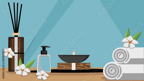 Still life of spa essentials with diffuser, soap dispenser, candle, towels, and flowers elegantly arranged