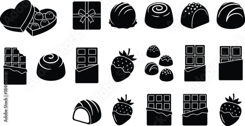 Chocolate box and praline candy silhouette icon set. Heart shaped gift package, cocoa bar, truffle sweet, and bitten dessert symbols for valentine day present vector collection design element art.
