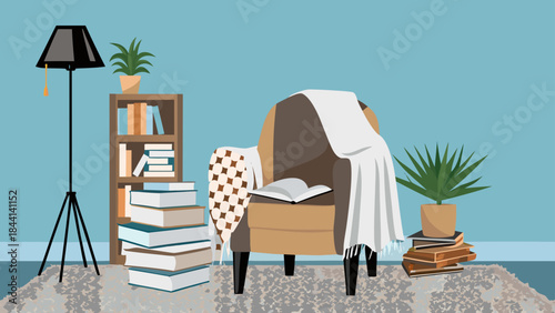 A cozy reading nook with an armchair, books, plants, and a floor lamp against a blue wall backdrop