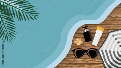 Top down view of a beach scene with palm leaf pool sunglasses sunscreen and umbrella on a wooden deck