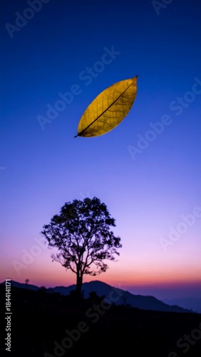 A floating yellow leaf against a vibrant twilight sky with a silhouetted tree on a distant hilltop. Soft colors create depth
