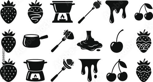 Chocolate fondue and dipped fruit silhouette icon set. Strawberry in sauce, melting pot, marshmallow on fork, and sweet dessert splash symbols for party menu vector collection design element art.
