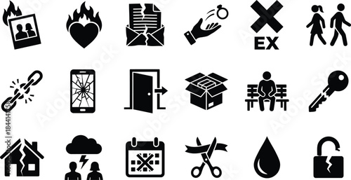 Divorce and relationship breakup silhouette icon set. Burning photo frame, throwing wedding ring, ex partner sign, and packing box symbols for separation vector collection design element art.
