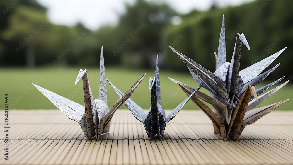 Fototapeta premium Three Origami Cranes on Bamboo Mat Outdoors