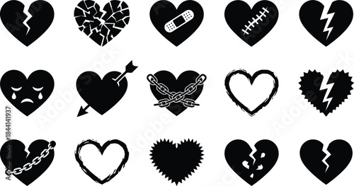 Broken heart and injury silhouette icon set. Cracks, shattered pieces, bandage repair, stitched wound, and thorny crown symbols for breakup vector collection design element art illustration.
