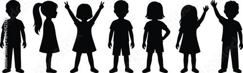 Cute children silhouettes standing and waving, boys and girls kid figures isolated on white background illustration
