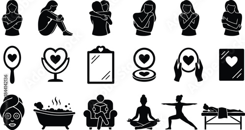 Self love and mental health care silhouette icon set. Woman hugging herself, looking in mirror, spa face mask, yoga meditation, and relaxing bath symbols for wellness vector collection design art.
