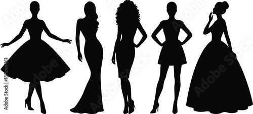 Elegant women fashion silhouettes in dresses and gowns, stylish female figures posing isolated on white background illustration